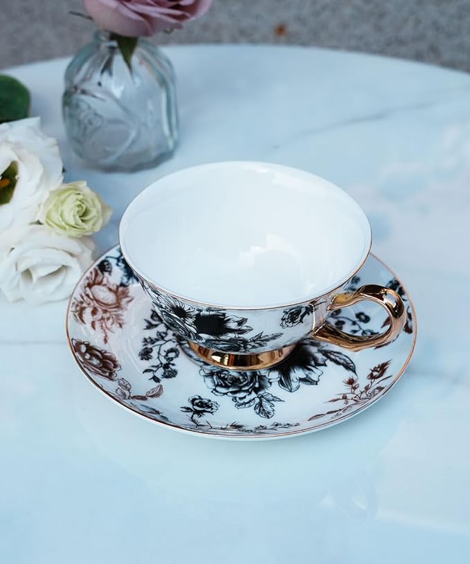 Bone China Tea Cup and Saucer Set with Spoon，Elegant Floral Tea Cup Set (7 oz)，British Coffee Latte Mug for Birthday Party Christmas gift for Friends