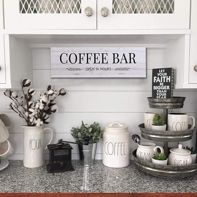 WOWGOOMO Classic Coffee Bar Signs Grey Canvas Wall Art - Rustic Cafe Bar Accessories Set for Home Bar, Kitchen, Pub, Store - 6"x17"