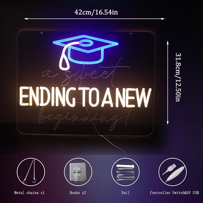 "A Sweet Ending, A New Beginning" Graduation Cap Light - Celebratory & Hopeful LED Wall Art for Dorm, Study, Grad Party Decor or Gift, Dimmable USB, Timeless Keepsake for the Class of 2026 & Beyond - Image 5