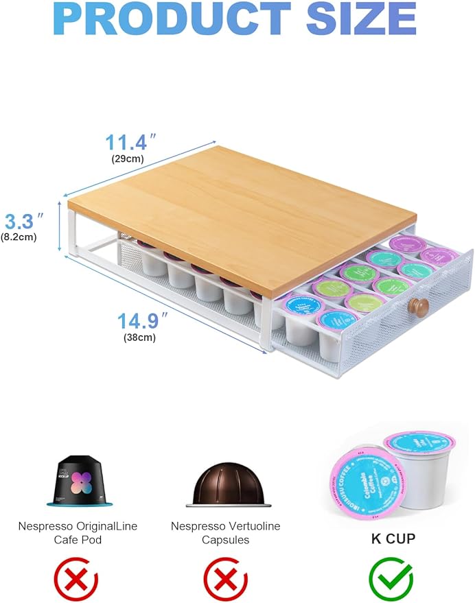 Coffee Pod Holder Counter Coffee Vertuo Capsules Storage Organizer with Sliding Drawer Compatible For K-Cup Pods Nespresso Pods No Assembly Needed Oak Color