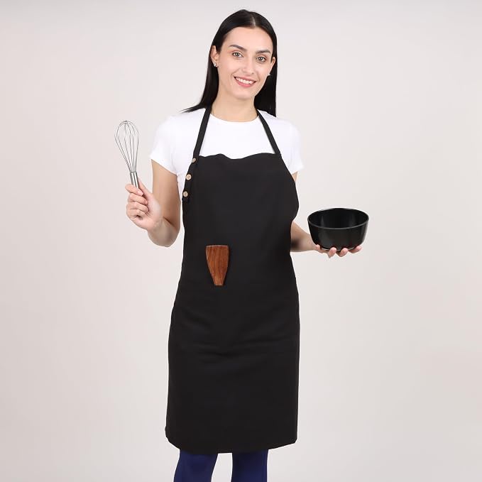 Kitchen Apron Cotton Waterdrop Resistant with adjustable Aprons for Women with Pockets 8 Color option Cooking (Black) - Image 3