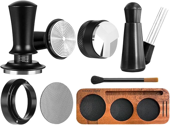 7 PCS Espresso Accessories Kit, Espresso Tamping Station, Coffee Tamper, Coffee Distributor, WDT Tool, Puck Screen, Dosing Funnel, Cleaning Brush, Barista Tools Set (58mm) by MIGAKUHOME