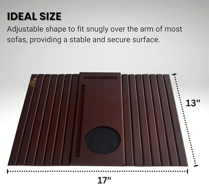 Bamboo Sofa Arm Tray, Couch Arm Table Caddy for Snacks, Drinks, Remote, Cups, Flexible & Foldable (Brown)