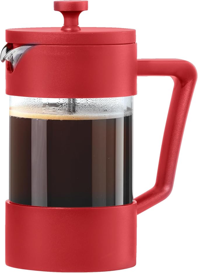 Oggi Borosilicate Glass French Press Coffee Maker (20oz)- 5 Cup Capacity, Coffee Press, Single Serve Coffee Maker, Stainless Steel Lid & Plunger, Make Great Coffee Gifts, Red