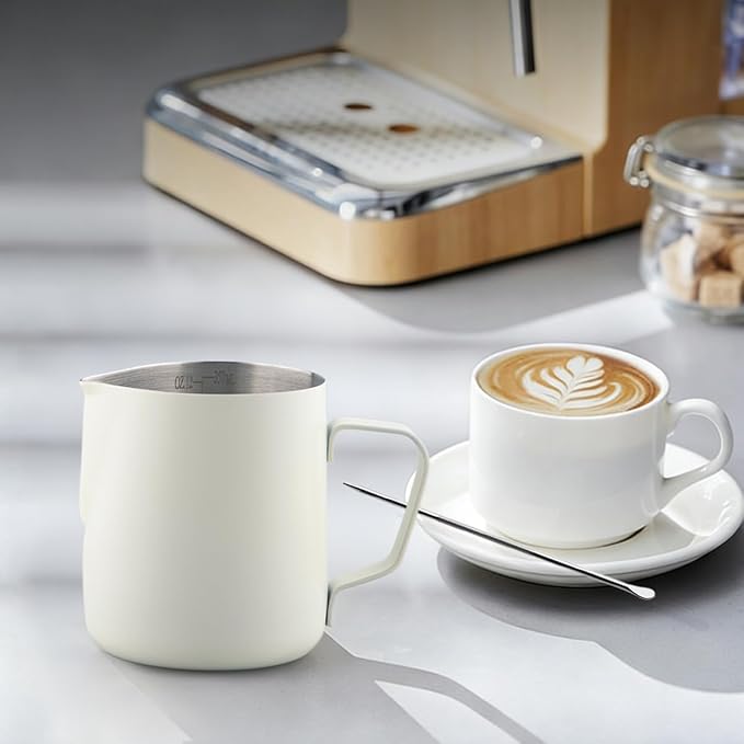 Milk Frother Cup, 20oz/600ml Milk Pitcher, Thickened 304 Stainless Steel Milk Frothing Pitcher for Espresso Coffee, Milk(White)