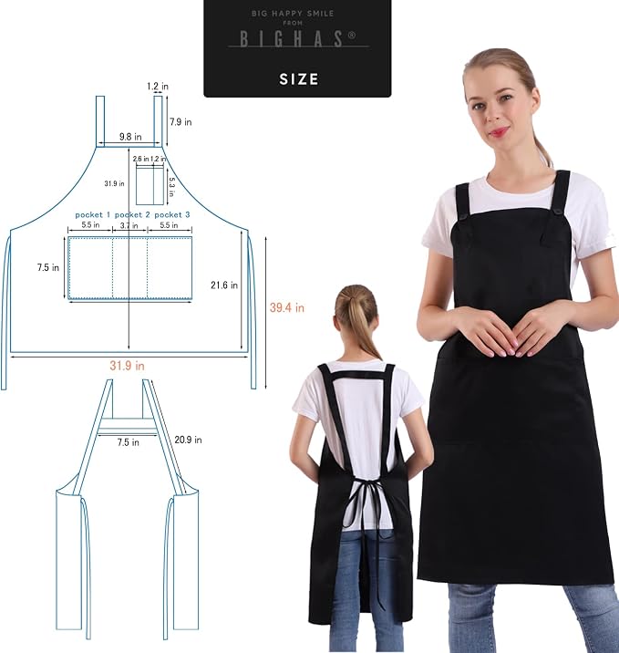 BIGHAS H Back Style Apron with Pocket for Women, Men Adjustable Large Size Comfortable, Kitchen, Home, Cooking 12 Colors - Image 6