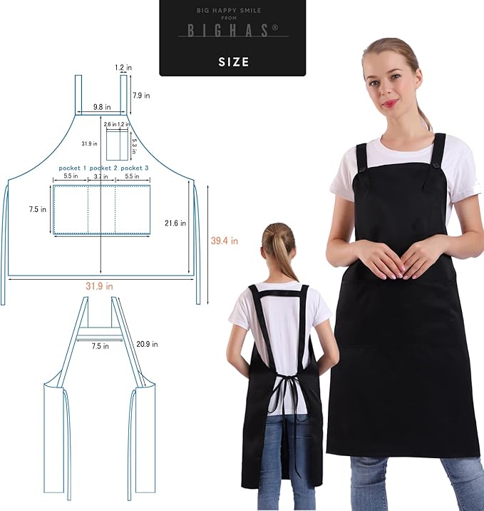 BIGHAS H Back Style Apron with Pocket for Women, Men Adjustable Large Size Comfortable, Kitchen, Home, Cooking 12 Colors - Image 3