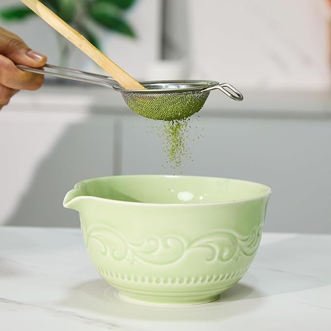 7-Pcs Matcha Whisk Set, Matcha Kit Set Includes Bowl With Spout, 100% Natural Bamboo Whisk, Japanese Ceremony Matcha Tea Making Tools - Ideal Gift Christmas, Birthday（Lucky Green）