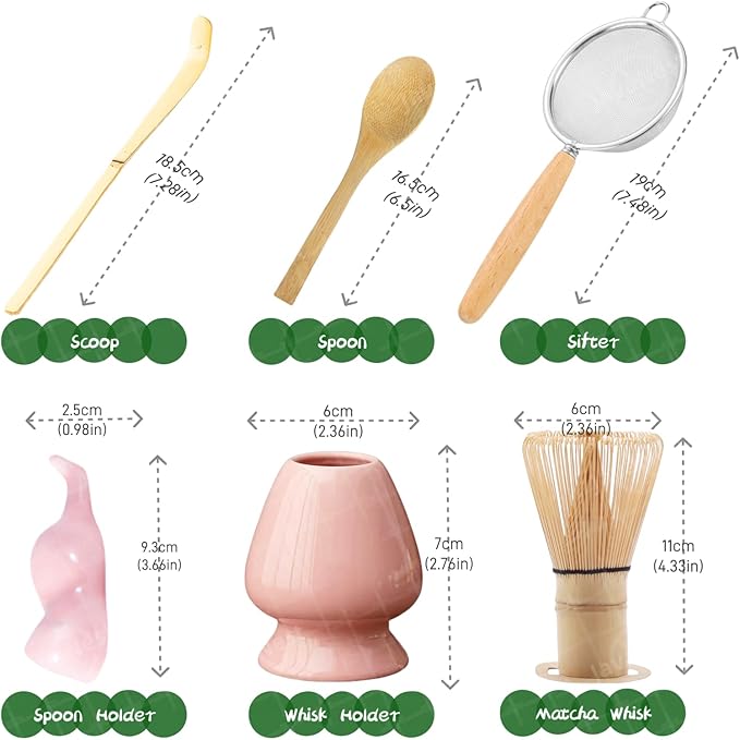 Matcha Whisk Set, 6-Piece Matcha Making Kit, Macha Tea Set, (Chasen Holder), Ceramic Whisk Holder, Matcha Starter Sifter, Bamboo Scoop, Spoon Japanese Tea Tools For Ceremony Gift (Pink)