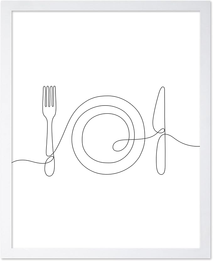 Poster Master Vintage Minimalist Poster - Retro Illustration Print - Fork, Plate, Knife, Line Drawing, Simple - Gift for Artist, Friend - Wall Decor for Kitchen, Restaurant, 16x20 White Framed