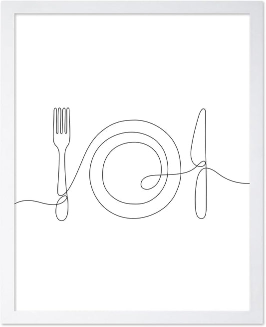 Poster Master Vintage Minimalist Poster - Retro Illustration Print - Fork, Plate, Knife, Line Drawing, Simple - Gift for Artist, Friend - Wall Decor for Kitchen, Restaurant, 8x10 White Framed