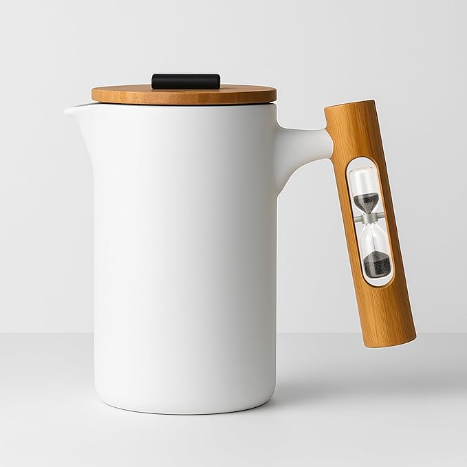 StramperPress| French Press coffee maker | HourGlass Timer| Coffee Press| (White, Ceramic)