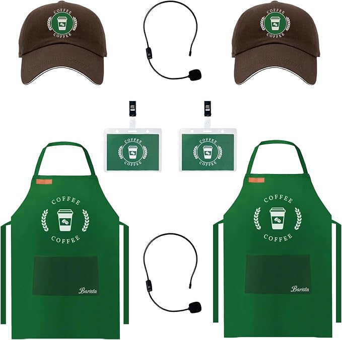 Halloween Barista Costume for Couples Cosplay, Duo Costumes for Best Friend | Simple Couples Halloween Costumes with Green Apron and Cap for Adult, Coffee Maker Outfit by Pextian