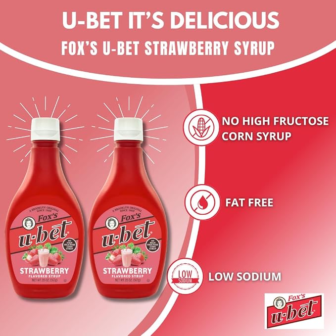 FOX’S U-BET Syrup Bottle – Brooklyn Original Since 1900, Thick, No High Fructose Corn Syrup, Kosher Certified, Fat Free, For Egg Creams, Coffee, Milkshakes & Desserts, 20 oz (2-Pack, Strawberry) - Image 3