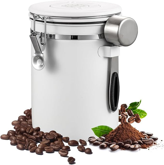 Airtight Coffee Container with Date Tracker & Spoon - Kitchen Storage Jar for Coffee Grounds, Cereal, Beans, Sugar (White, 14OZ)