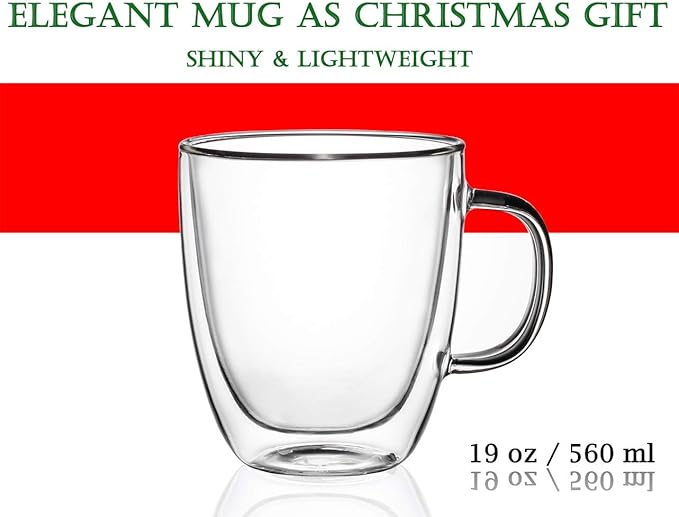 Glass Coffee Mug Set of 2 - Double Wall Clear Espresso Cup with Large Handle, Great for Latte, Cappuccino and Juice, 19 Ounce (560 ml), BE026