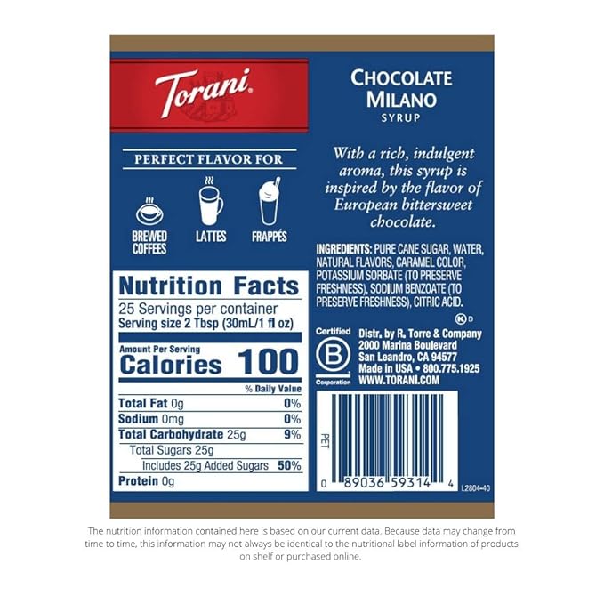 Torani Syrup, Chocolate Milano, 25.4 Ounces (Pack of 4)