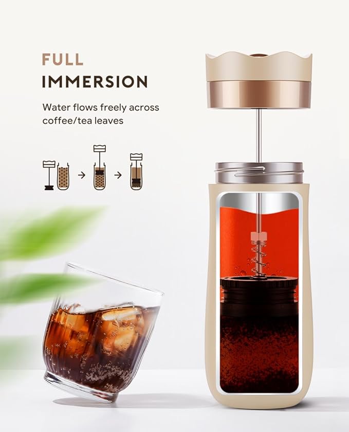 BENFUCHEN Travel Coffee Press, Vacuum Insulated Portable French Press, Stainless Steel Portable Coffee Maker/Tea Press, 12oz, Beige