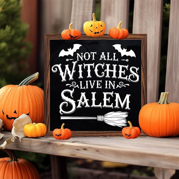 Halloween Theme Decorative Sign Not All Witches Live In Salem Wooden Sign, With Frame Witch Broom Sign for Home Kitchen, Cafe, Bedroom Halloween Decor 7.87x7.87 Inch - Image 7