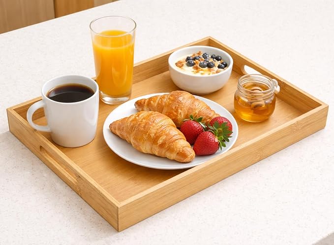 Briful Bamboo Decorative Tray with Handles - 16 x 12 Inch Rectangle Serving Tray for Coffee Table Decor Farmhouse Kitchen Counter Organizer & Bathroom Vanity Tray