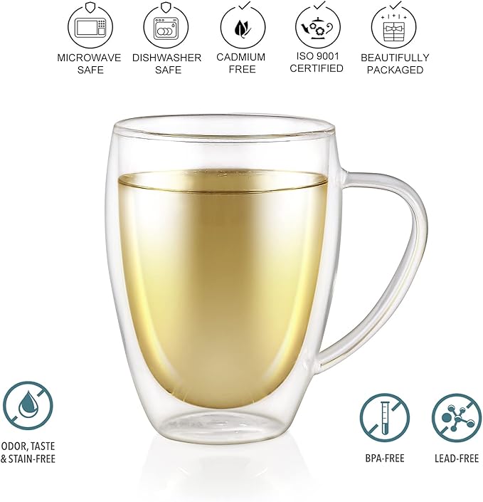 Teabloom Double Walled Mugs - 12 oz / 350 ml – Set of 4 Insulated Glass Mugs for Tea, Coffee, and More – Clear Bliss Collection