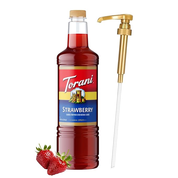 Torani Strawberry Syrup 1 Liter Bottle with Pump – Premium Drink Flavoring Made with Pure Cane Sugar & Natural Flavors for Coffee, Cocktails, Mocktails, Lemonades & Desserts – Café-Quality Sweetener by Torani