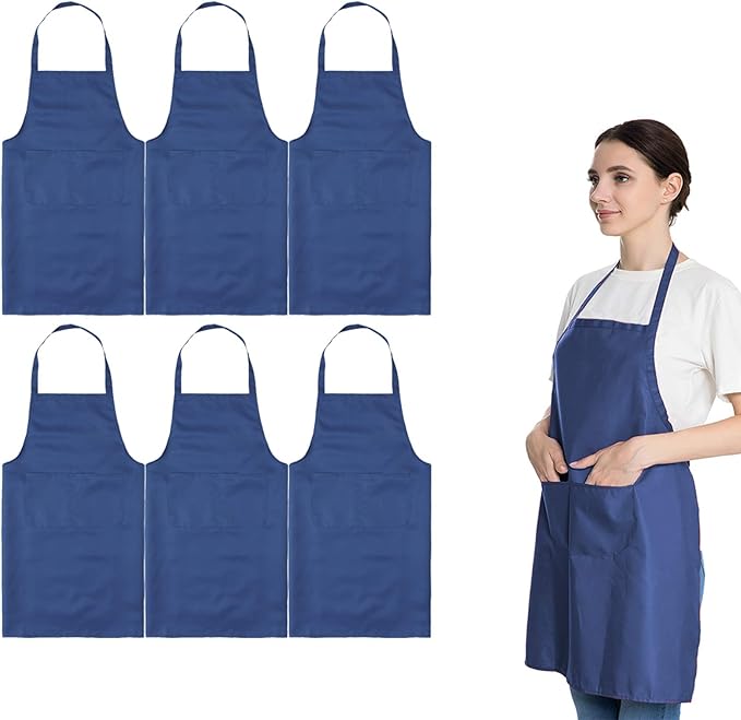 Total 6PCS Blue Bib Apron Adult with 2 Pockets for Women Men Chef Cooking Kitchen (6, Deep Blue) by LOYHUANG