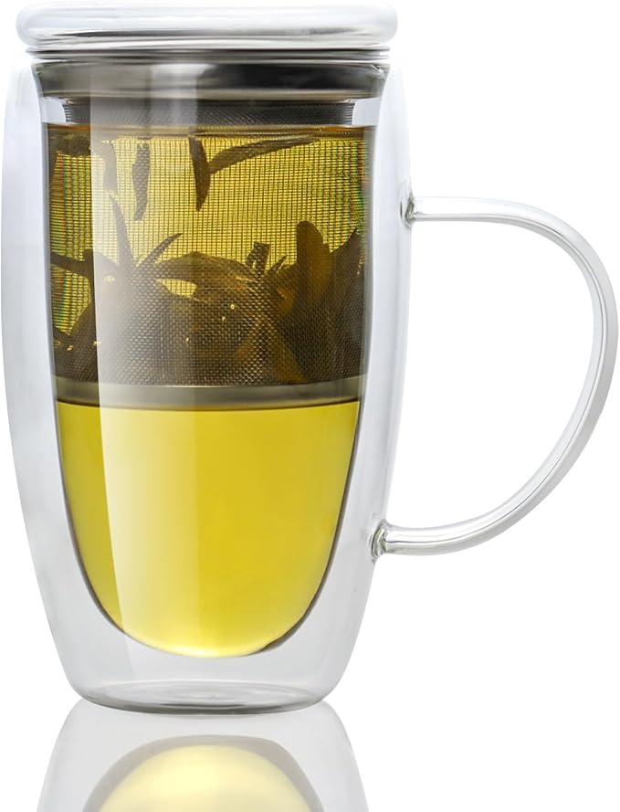 Double Wall Glass Tea Mug with Infuser and Lid, 14 oz / 400 ml Borosilicate Glass Tea Cup with 304 Stainless Steel Fine Mesh Infuser, Durable Insulated Tea Cup, Gift for Tea Lovers