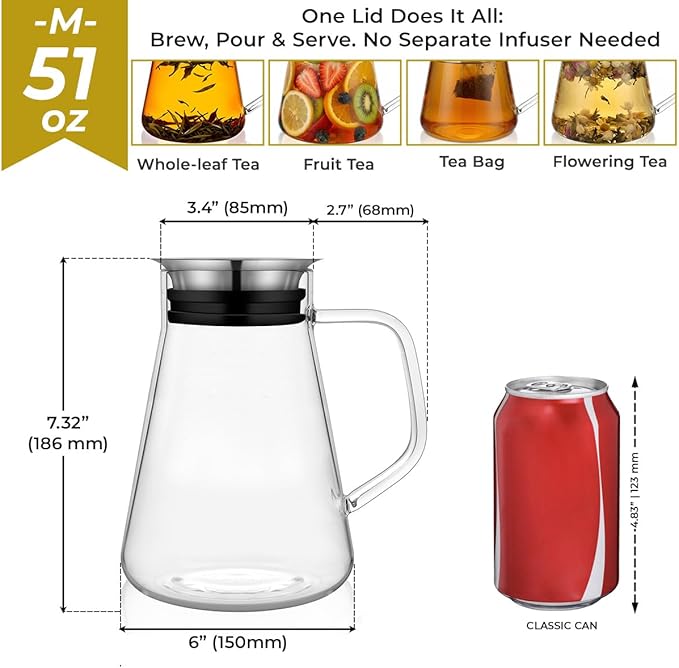 Aquach 51oz Glass Teapot with Smart Filter Lid, Stovetop Safe Borosilicate Glass Tea Kettle with Built-in Stainless Steel Infuser, Dishwasher Safe Hot & Iced Tea Maker, Plastic-Free