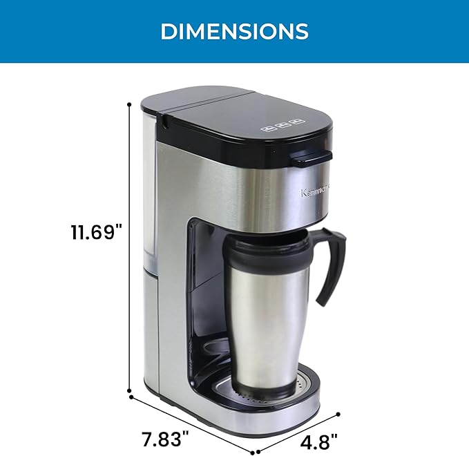 Kenmore Single Serve Coffee Maker – 6–14 Oz Brew Sizes, Compatible with Keurig K‑Cup Pods & Ground Coffee, One Cup Brewer, Travel Mug Friendly, Auto Shut‑Off, Hot & Iced Machine à café, Black