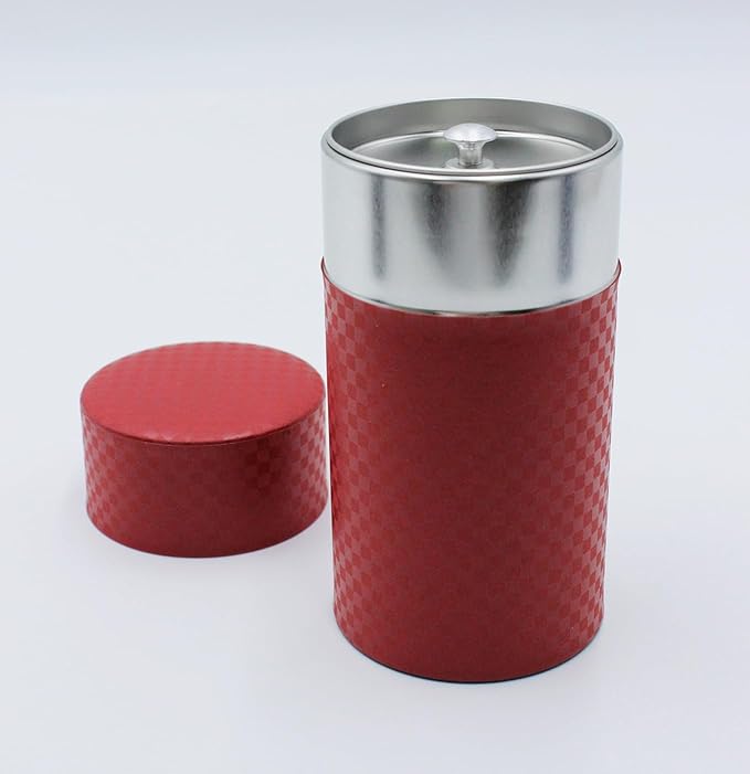 Japanese Pokkan Matcha Coffee Spice Tea Tin Canister Washi Paper Storage with Lid 7.05 oz Capacity (Aka)