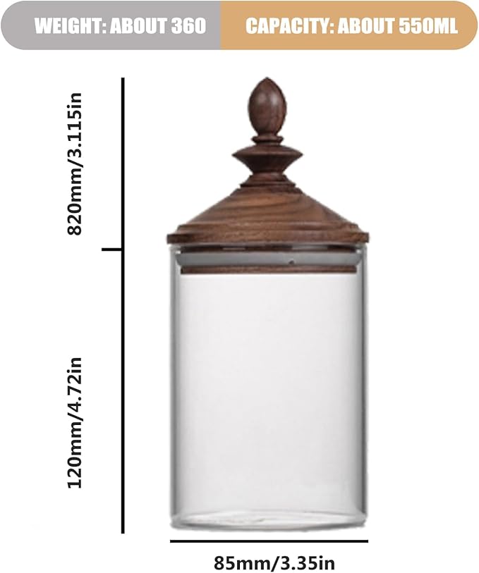 Glass Coffee Bean Jar, Airtight Retro Wooden Lid, Clear Container with Spoon, Kitchen Storage Canister for Tea, Spice, and More/550ml