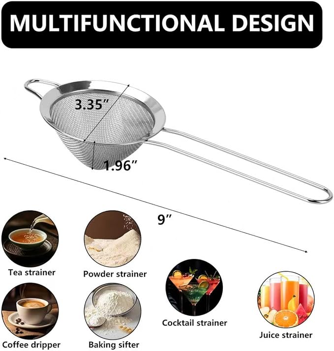 3 Pack Fine Mesh Strainer 304 Stainless Steel Small Sieve Sifter for Food, Tea, Juicing, Cocktail, Cooking (3.35")