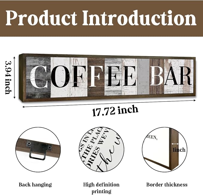 WKYAER Farmhouse Coffee Bar Signs, Vintage Hanging Wood Wall Plaques, Decorative Wooden Box Sign, Kitchen Decoration for Table Shelf, Coffee Station Decor, Cafe Decors 17.8x4x1.2 inches - Image 2