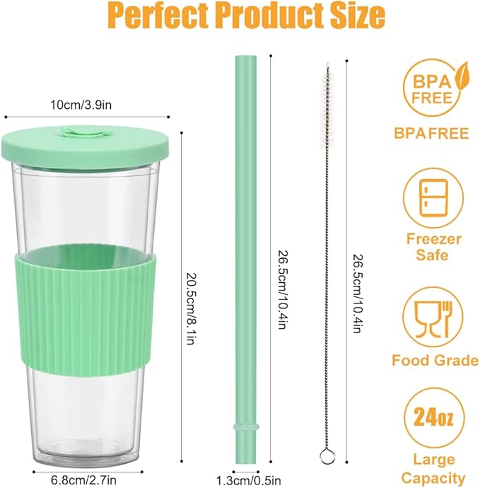 2 Pack Reusable Boba Tea Cups, 24oz Iced Coffee Cup with Straw and Lid, Leakproof Clear Plastic Cups Tumbler, Double Wall Insulated Smoothie Tumbler, Wide Straw for Bubble Tea, Green & Orange