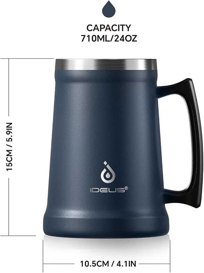 Ideus Insulated Beer Stein, 24/32oz Stainless Steel Double Walled Beer Mug Giant Bar Drinkware Metal Beer Cup with Big Grip Handle (Navy Blue, 24 ounces (710ml))