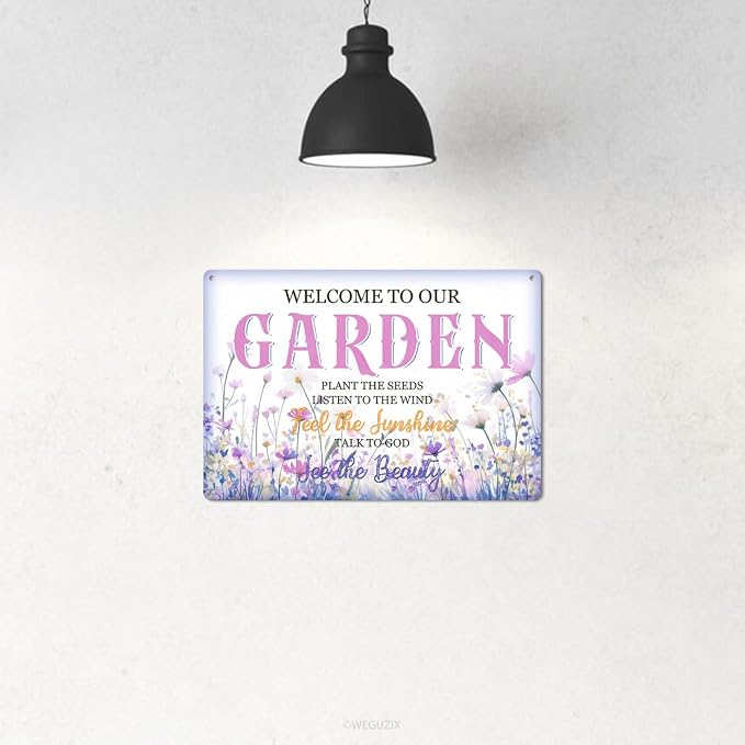Welcome to our Garden Sign Garden Rules Art Print Poster Wall Decor Lavender Purple Vintage Metal Signs Outdoor Home Farmhouse 12x8 Inch Aluminium Hanging Plaque - Image 4