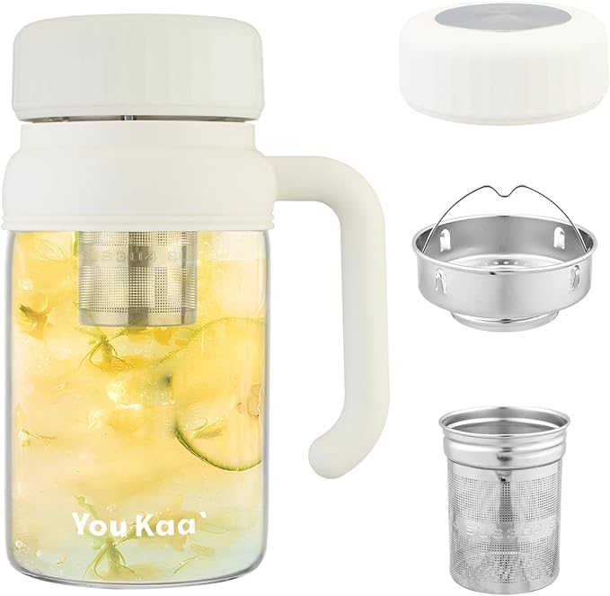 32oz Glass Water Bottle, Tea Bottle with Infuser & Handle, BPA-Free Leakproof Wide Mouth Large Tea Infuser cup for Hot or Cold Drinks, Loose, Fruit (White)