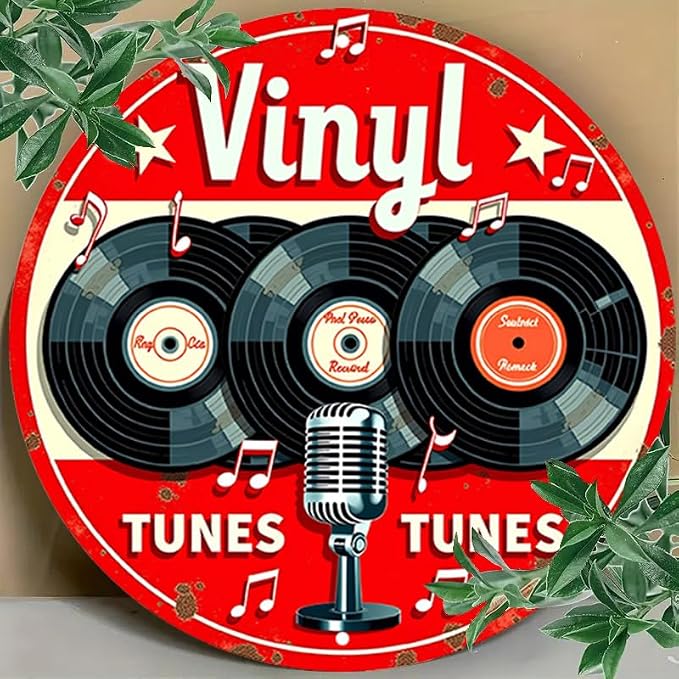 1pc Vintage Aluminum Metal Sign - Vinyl Tunes Round Wall Art - Classic Records & Retro Microphone Design - Ideal for Bar, Cafe, Music Room Decor - 7.8" Diameter - Image 3