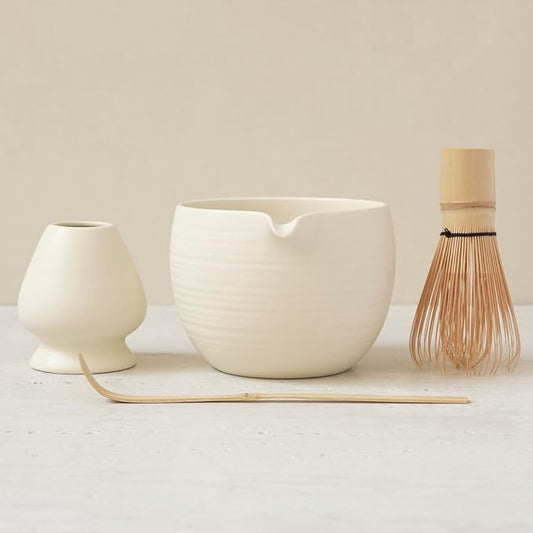 Matcha Whisk Set, Ceramic Matcha Bowl & Whisk Holder, Bamboo Accessory, Modern Design (Matte Crème, Pouring Spout) (Matte Crème)
