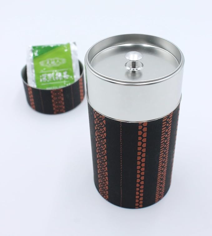 Japanese Pokkan Matcha Coffee Spice Tea Tin Canister Washi Paper Storage with Lid 7.05 oz Capacity (Shima)