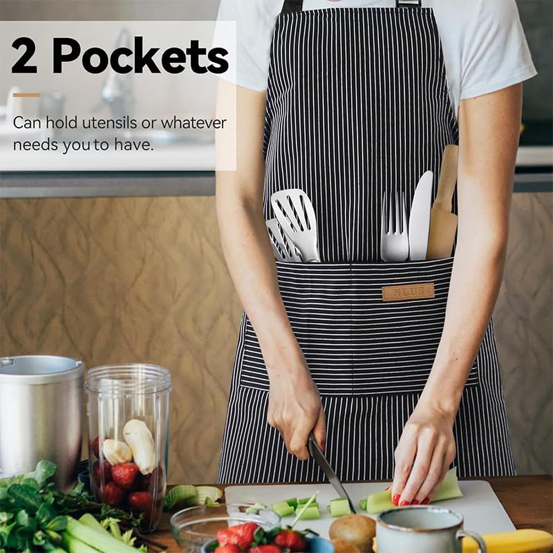 Chef Apron Bib Apron with 2 Large Pockets Adjustable Neck Strap Kitchen Apron Cooking Apron Stripes Baking Apron - Image 6