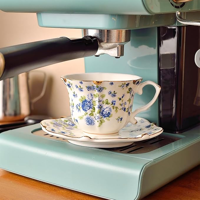 Noviko Ceramic Tea Cups and Saucers Set Vintage Floral Teacup for Women (2, Blue)