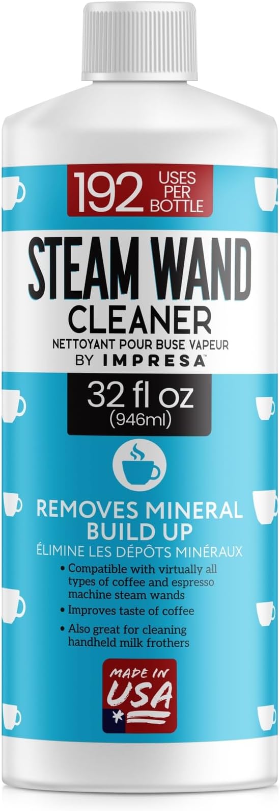 IMPRESA 32 oz Steam Wand Cleaner, Removes Mineral Buildup and Milk Protein Residue in Steam Wands, Milk Frothers, and Stainless-Steel Pitchers, Up to 192 Uses, Barista Cleaning Tool by IMPRESA