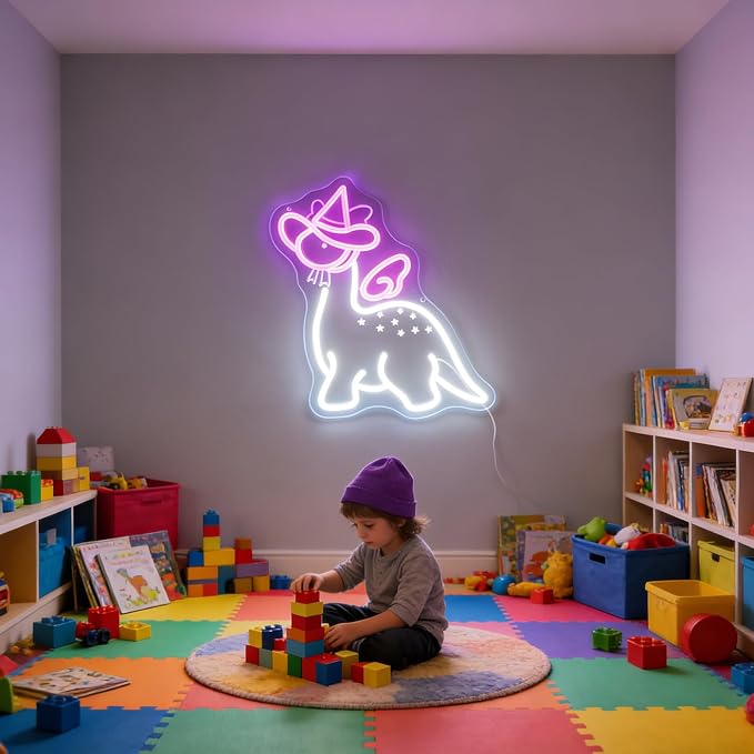 "Dinosaur Princess in Top Hat" Whimsical Character Light - Royal & Playful LED Wall Art for Kids Room, Dinosaur-Themed Party, Playroom or Unique Decor, Dimmable USB,Gift for Dino Fans - Image 3
