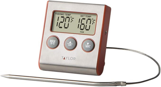 Taylor Instant Read Wired Probe Digital Meat Food Grill BBQ Cooking Kitchen Thermometer with Timer Alarm, Red