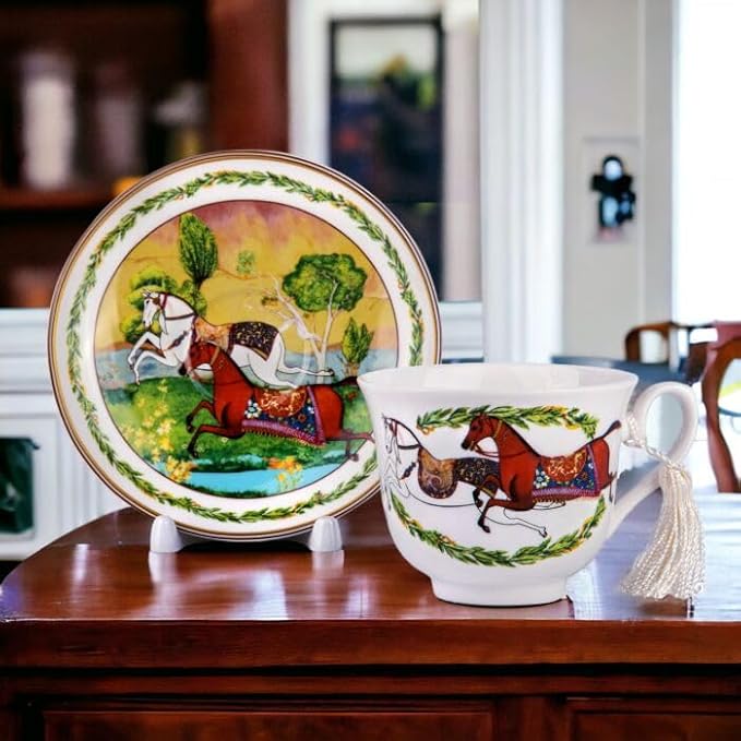 STP GOODS Bone China Tea/Coffee Cup and Saucer in Gift Box Fine Bone China Tea Cup and Saucer Set of One (Running Horse)