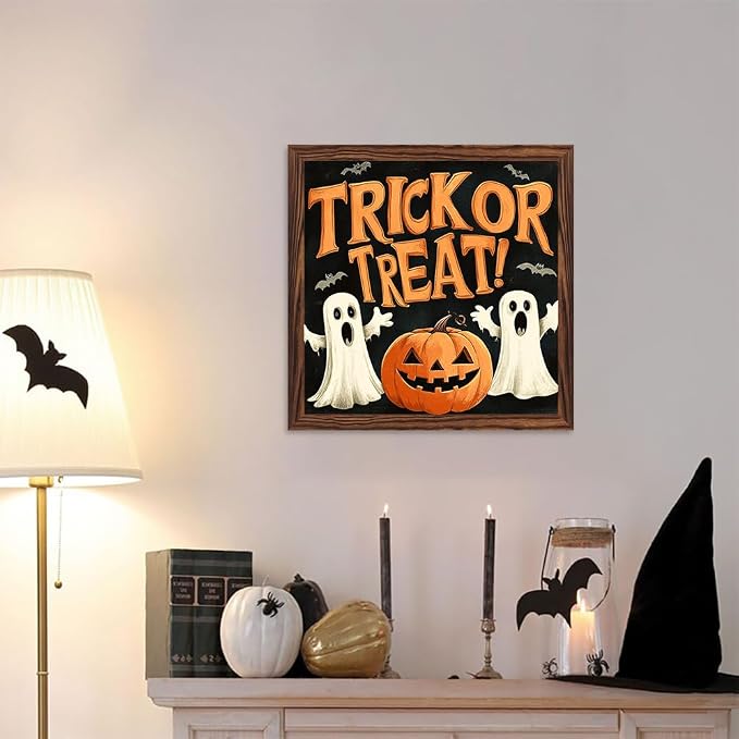 Whimsical Halloween Decorative Sign Trick or Treat Ghosts & Pumpkin Wooden Sign, With Frame Festival Sign for Home Office, Cafe, Bedroom Halloween Decor 7.87x7.87 Inch - Image 5