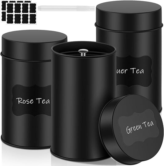 Tanlade 3 Pcs Tea Tin Canister Metal Round Can with Airtight Lid Double Sealed Tea Tin Canisters, with 1 Erasable Chalk Marker and 16 Stickers for Loose Leaf Coffee Sugar, 14 oz