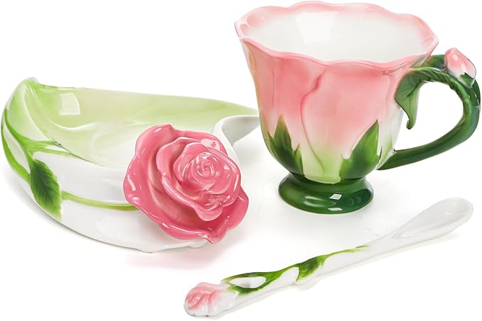 Pink Tea Cups with Saucer and Spoon, 4.5 Oz Small Ceramic Rose Flower Tea Cup Set for Women Girls, Hand Crafted Vintage Coffee Latte Mug, Fancy Teaware for Mother's Day, Birthday Gift, Wedding